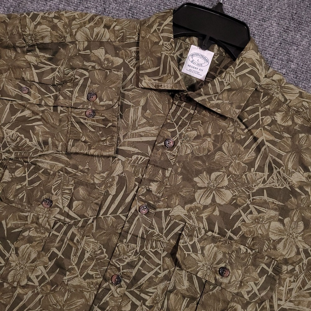 Brooks‎ Brothers 1818 Shirt Large Regent Fit Green Floral Camouflage Roll Tab